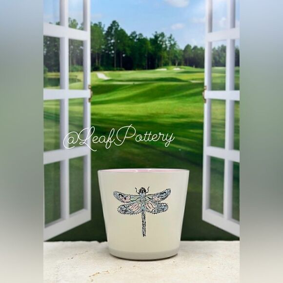 Happy Dragonfly Beige/Pink/Blue Ceramic Planter Pot - Picture 1 of 10